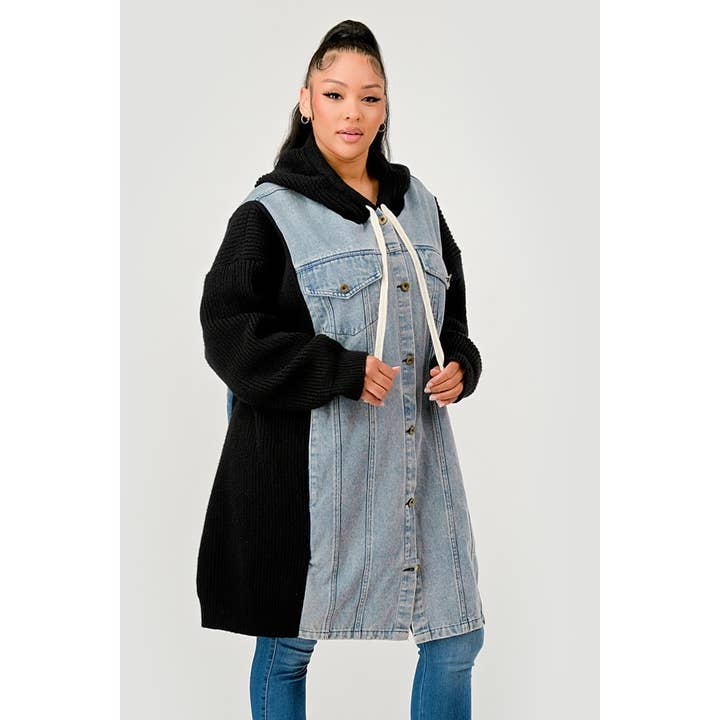Giacca lunga con cappuccio in misto denim e maglia per la vendita all'ingrosso da parte di HiteJeans