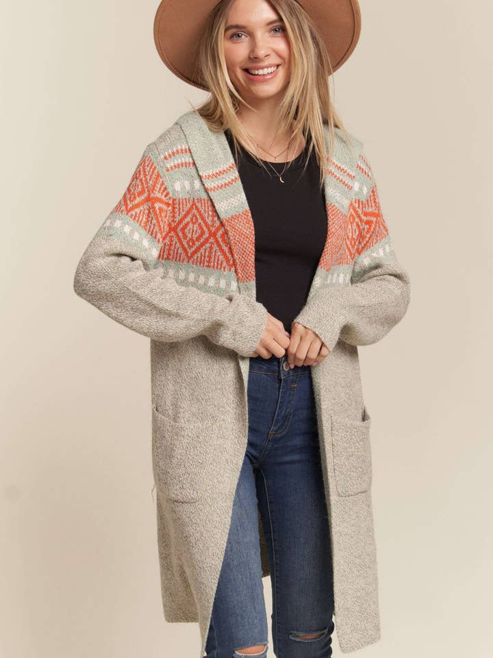 LESW2535-TRIBAL HOODIE SWEATER CARDIGAN for wholesale by Madelyn