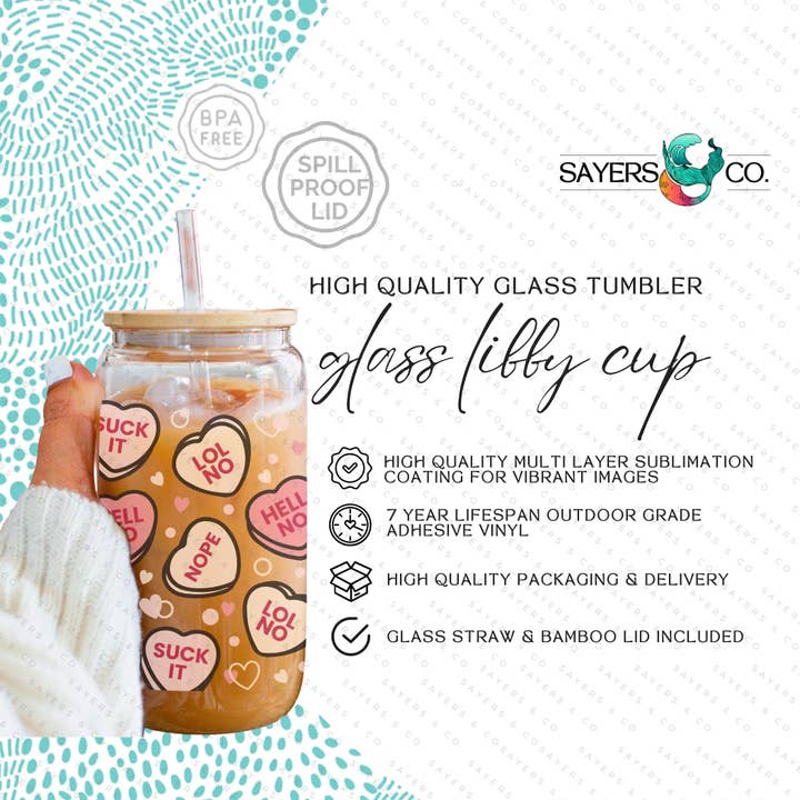 Sayers & Co. - Wholesale Drinking glass/cup - 16oz Valentine's Day Candy Hearts Glass Cup with Bamboo Lid & Straw #1000908