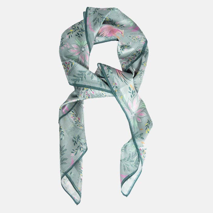 Dusky Blue Birds of Paradise Boxed Silk Scarf for wholesale by Sara Miller London