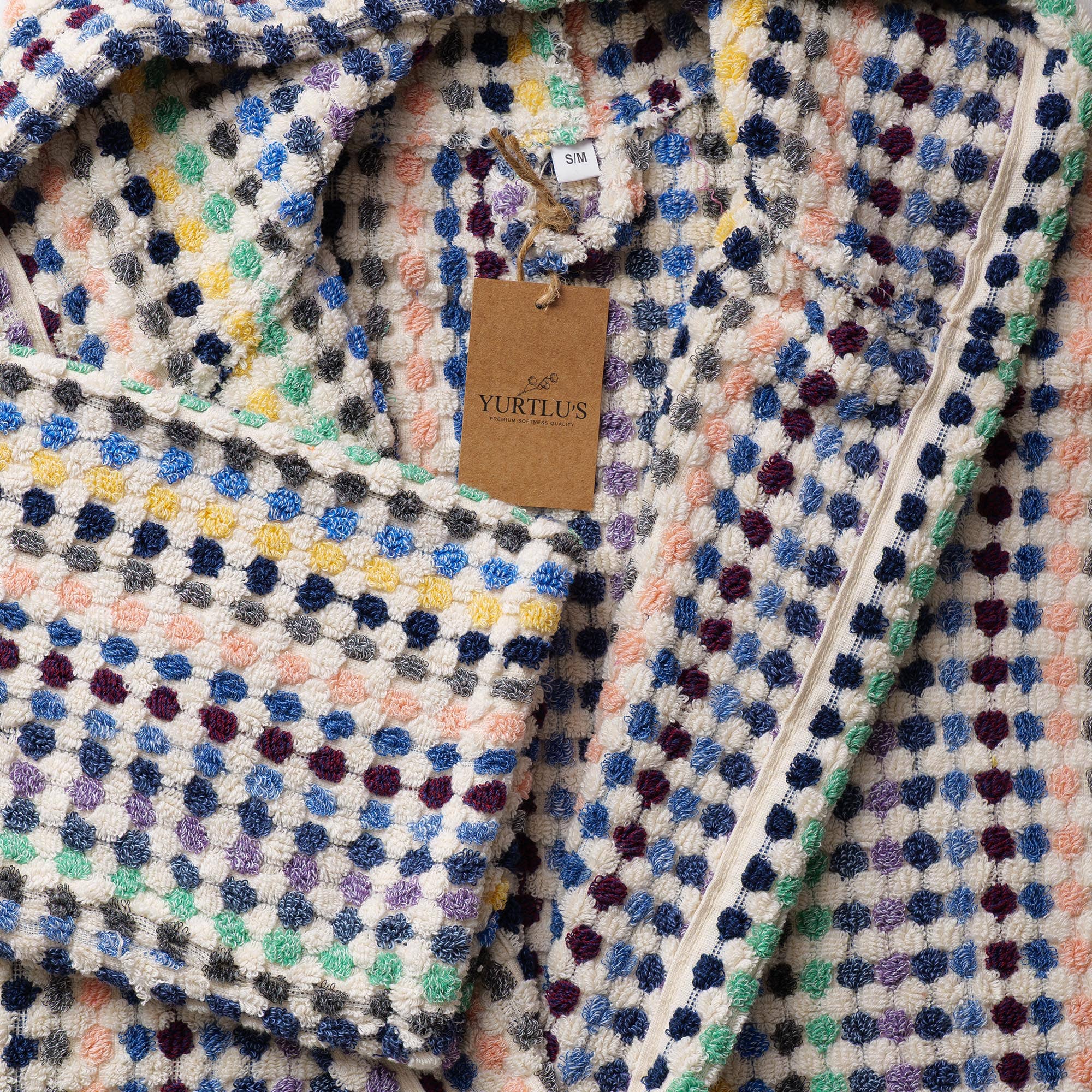 YURTLUS - Venta al por mayor Bata - Unisex - Bata de burbujas tejida a mano, albornoz con pompones en telar manual 100% algodón 62