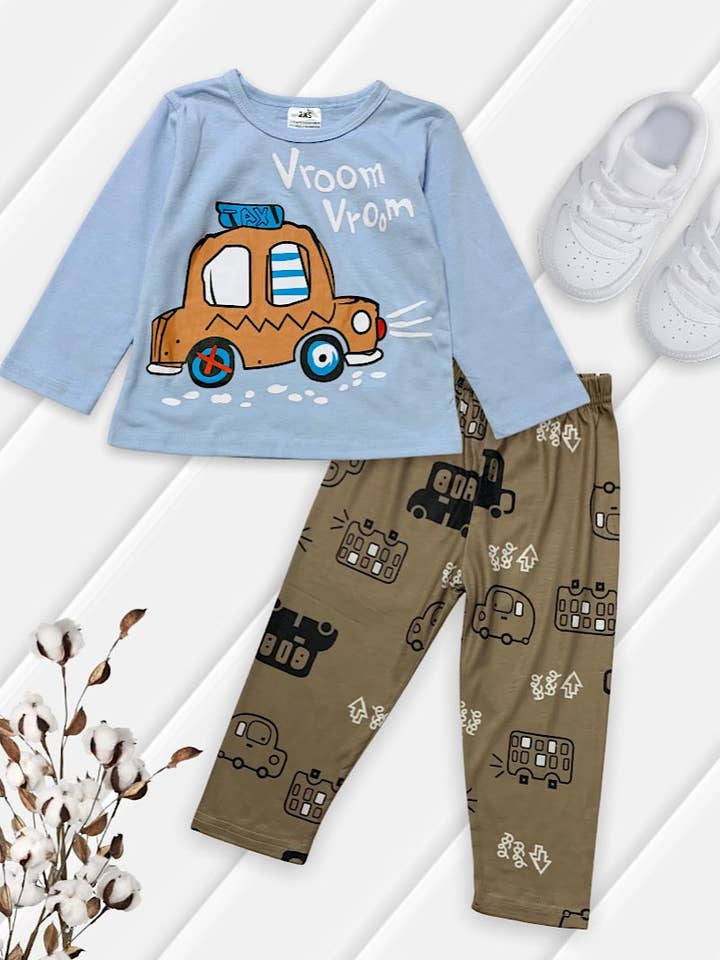 Kids Charm Online - Wholesale Sleepwear Set - Kids - PAJAMAS CAR PRINTED LONG SLEEVE TOP WITH OLIVE GREEN PANTS. PJM-219-950983NEY1