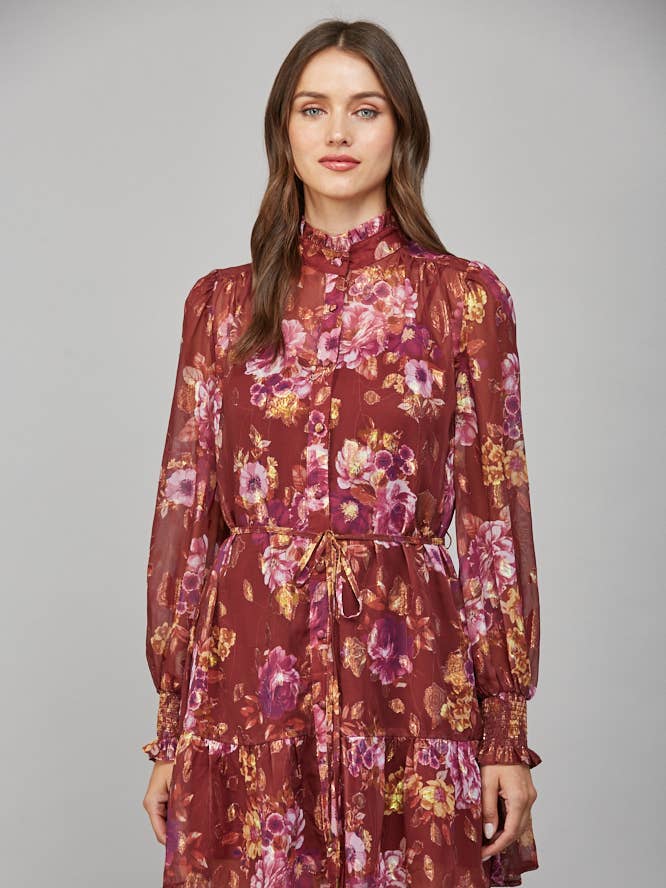 WINE MULTI HIGH RUFFLE NECKLINE BUTTON FRONT CLOSURE DRESS FD30502 for wholesale on Faire0