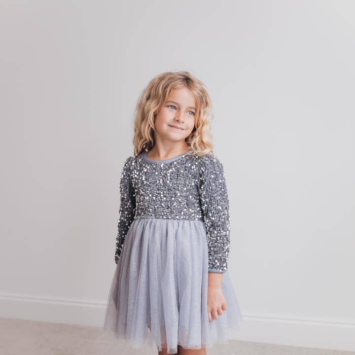 Oopsie Daisy - Wholesale Dress - Kids - Kids Sequin Silver Holiday Fancy Sparkle Tulle Winter Dress