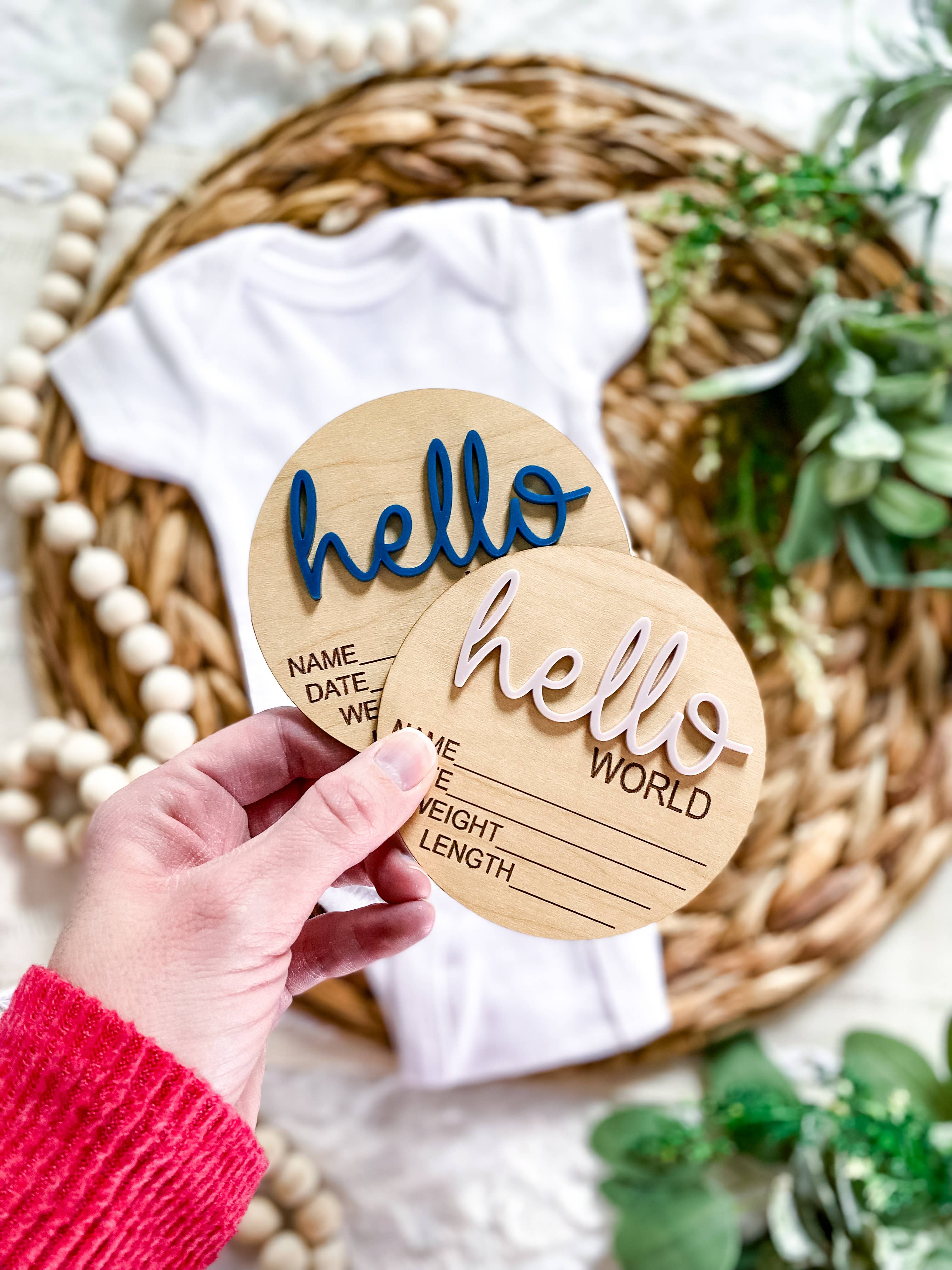 Claire and Bella - Wholesale Milestone Art/Keepsake - Kids & Baby - Hello World Birth Stat Announcement Wood Disc - Layered 3D14