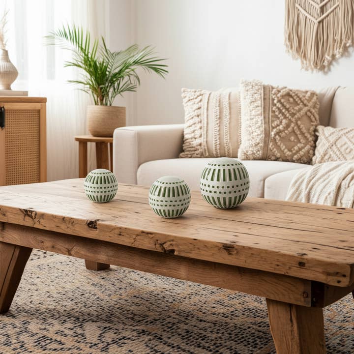 Orbs Set of 3 - Green Ceramic Modern Line Design, 4/5/6 in. for wholesale by Sagebrook Home