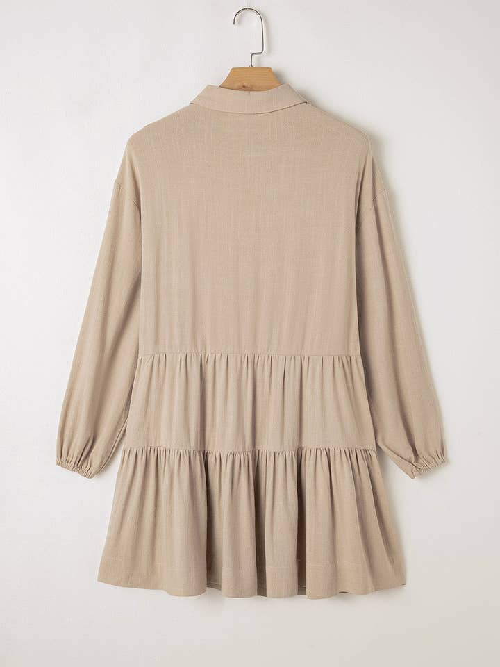 Tan Puff Sleeve Buttoned Tiered Pleated Shirt Mini Dress for wholesale on Faire6