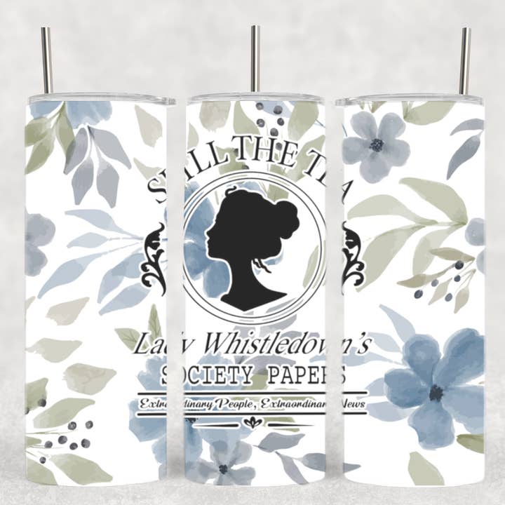 Lady Whistledown Blue Floral Bridgerton Romance Book Tumbler for wholesale by The Geek Boutique
