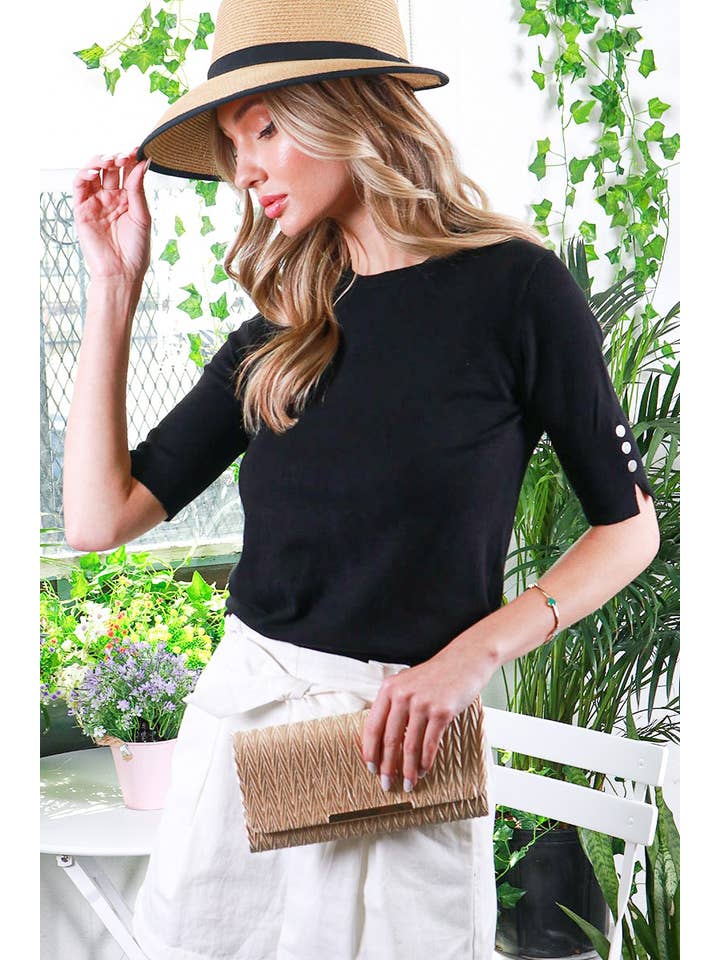 Vine & Love - Wholesale Knit Sweater - Women's - Crew Neck Short-Sleeve Button Detail Sweater Top VT81653-11