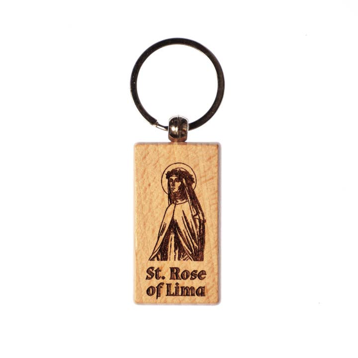 St. Rose of Lima Catholic Keychain – Laser Engraved Solid Wood – Engraved in the USA — Catholic for wholesale by SercelPress