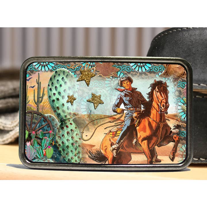 Turquoise Cowboy Western Belt Buckle for wholesale by Bungalow Blue Trading Co
