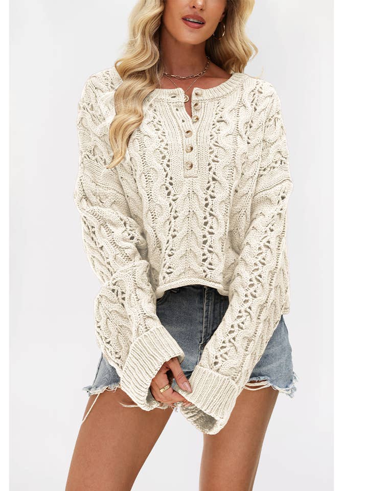 Cable Knit Loose Solid Long Sleeves Pullover Sweater ZK3679 for wholesale by UNISHE