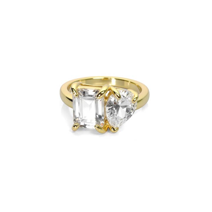 Two-Stone Diamond Ring – Emerald-Cut and Pear-Shaped Duo in Modern Prong Setting for wholesale by Caratina