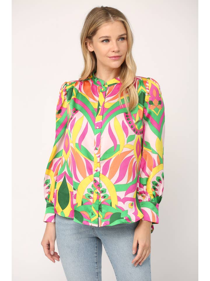 YELLOW PINK ABSTRACT PRINT STANDING COLLAR BUTTON DOWN SHIRT FT8911 for wholesale on Faire