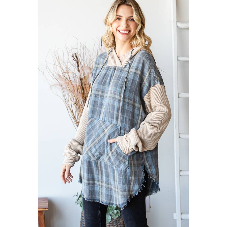 Oli&Hali - Vente Sweat à capuche – femme - PULL À CAPUCHE À CARREAUX DÉLAVÉ AVEC OURLET BRUT ET MANCHES LONGUES15