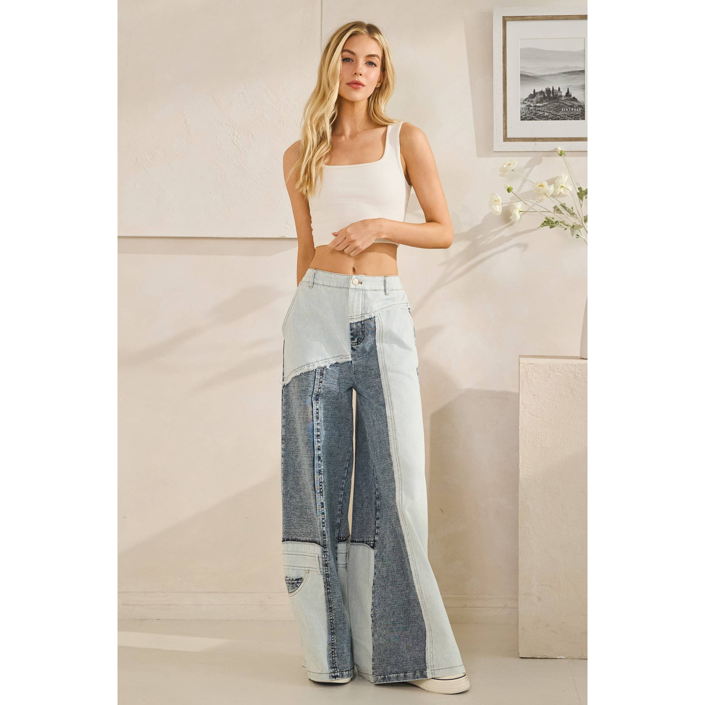 MEZCLILLA JEANS RECTOS ANCHOS DE MEZCLA DE DENIM LAVADO CON CONTRASTE de venta al por mayor en Faire0