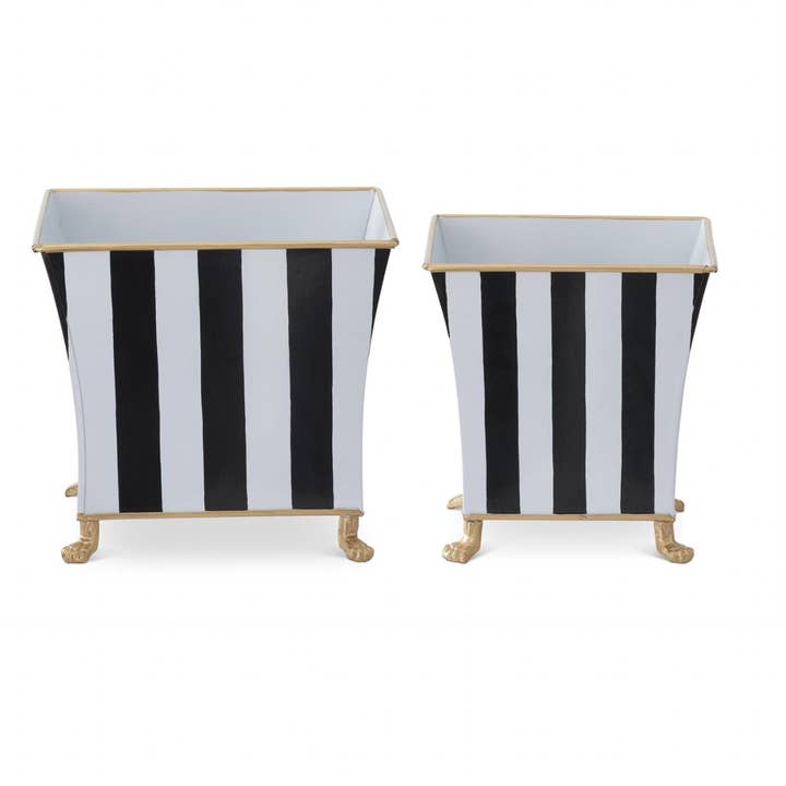Gold Rim Hand-painted Black & White Striped Metal Nesting Footed Containers - SET OF 2 for wholesale by Dunn Deals