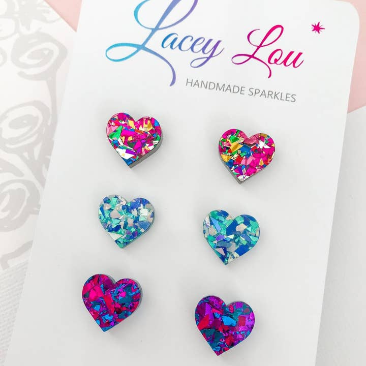 Glittery Heart Stud Set - Acrylic Earring set for wholesale by Lacey Lou Sparkles