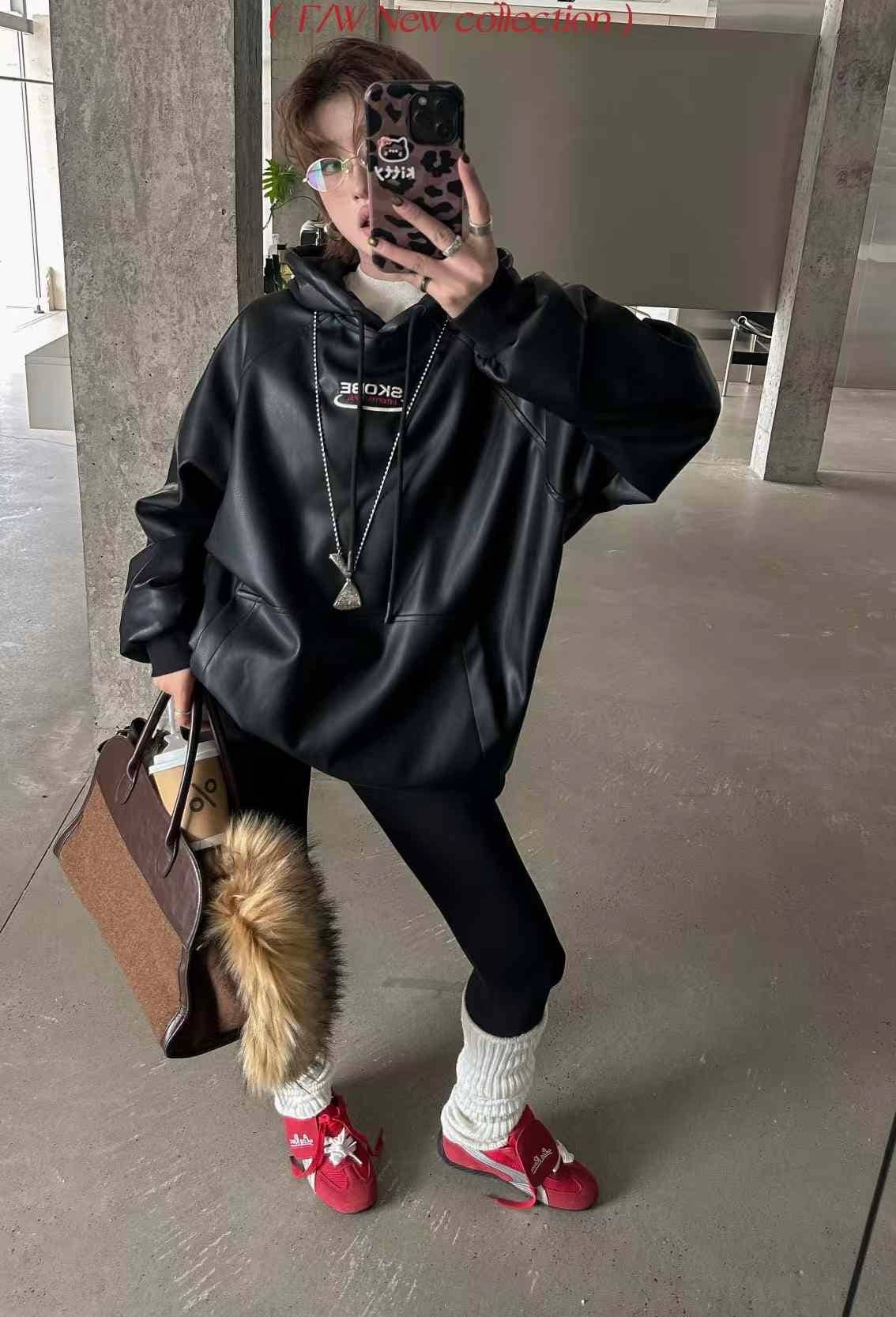 Chilli Girl Collection - Wholesale Hoodie - Women's - Oversize faux leather hoodie in black