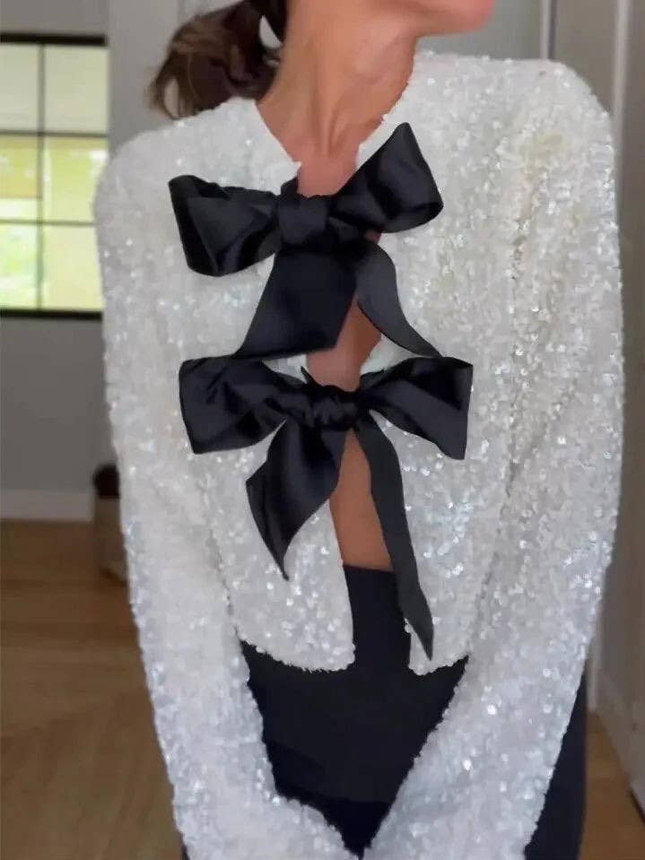 Ribbon Bow tied front Sequin cardigan for wholesale by Rosa Clothing