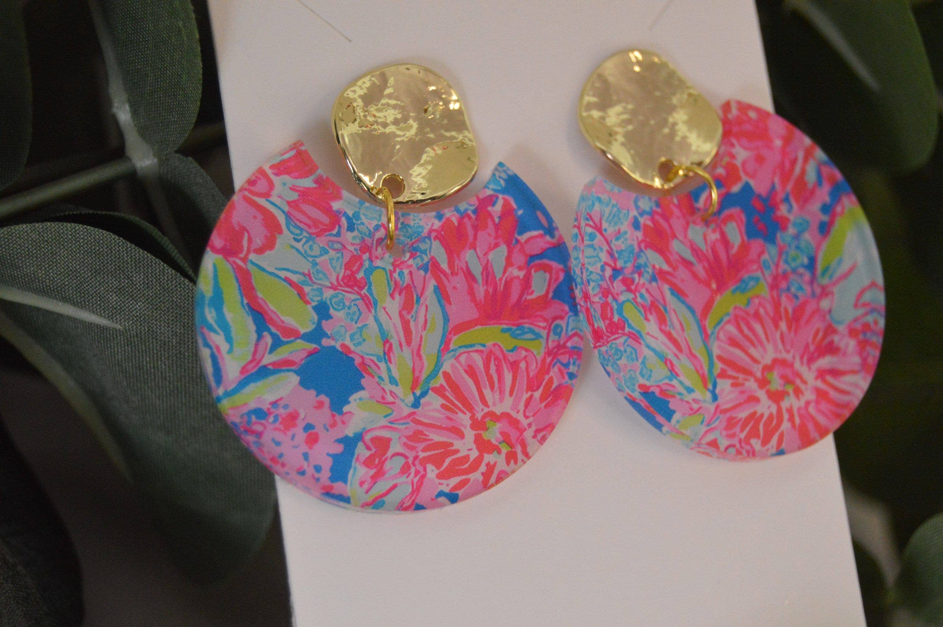 The Adorned Fox - Wholesale Dangle Earrings - Preppy Earrings, Colorful Notched Circle Earrings, Floral Su1