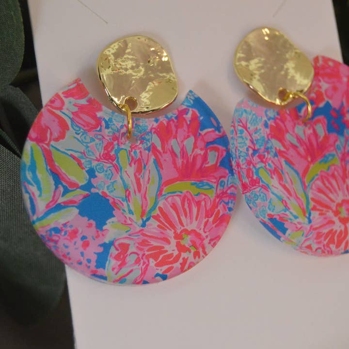 The Adorned Fox - Wholesale Dangle Earrings - Preppy Earrings, Colorful Notched Circle Earrings, Floral Su1