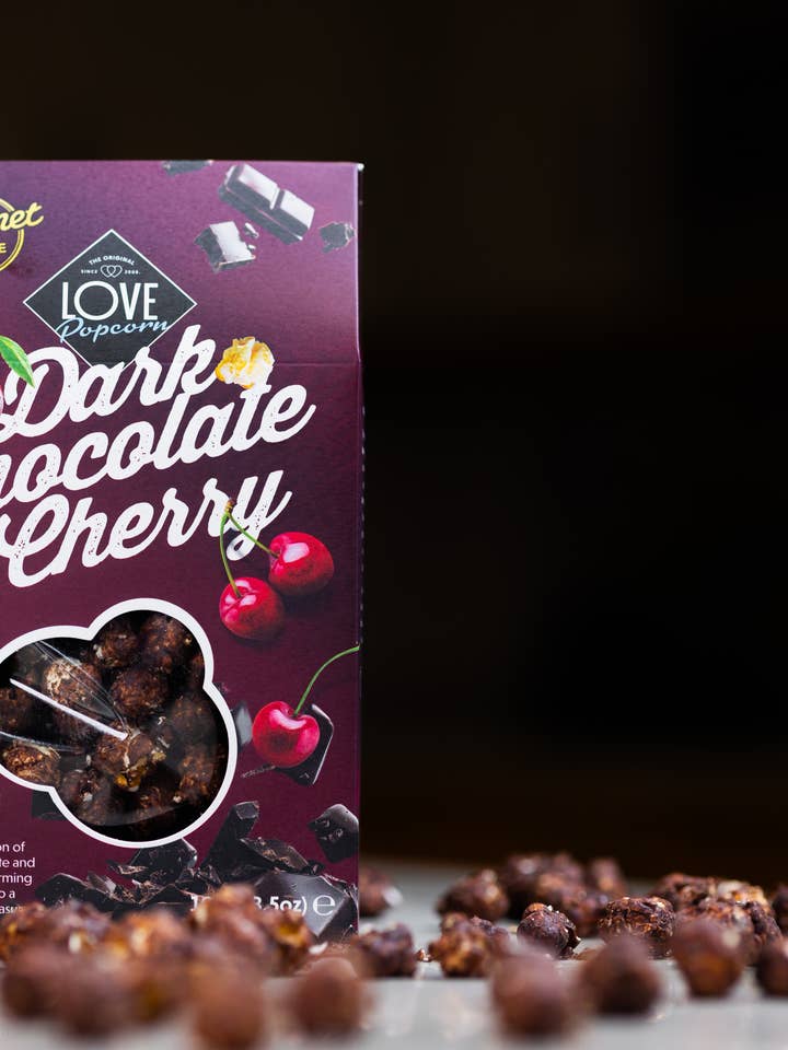 Dark Choc & Cherry Popcorn 100g for wholesale by Love Popcorn