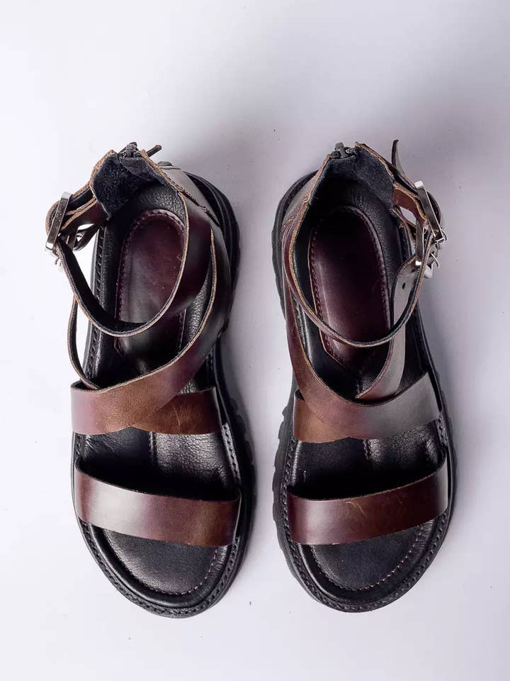 Amén - Vente Sandales – femme - Sandales marron sacrées à brides avec boucles6