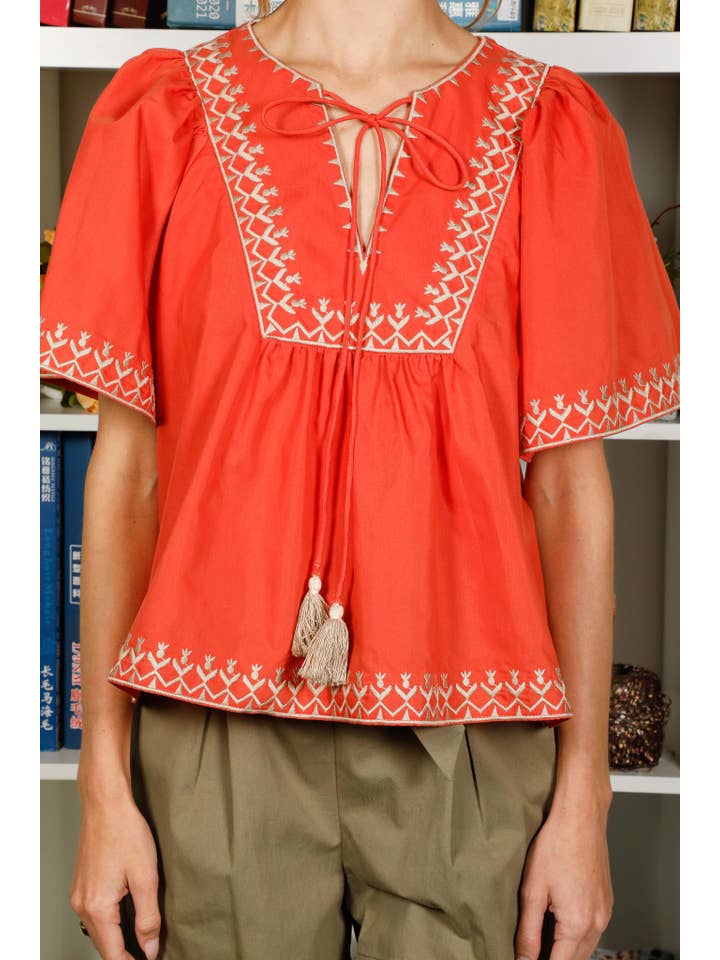 Vine & Love - Vente Chemisier – femme - Blouse blanche brodée à col noué, style bohème6