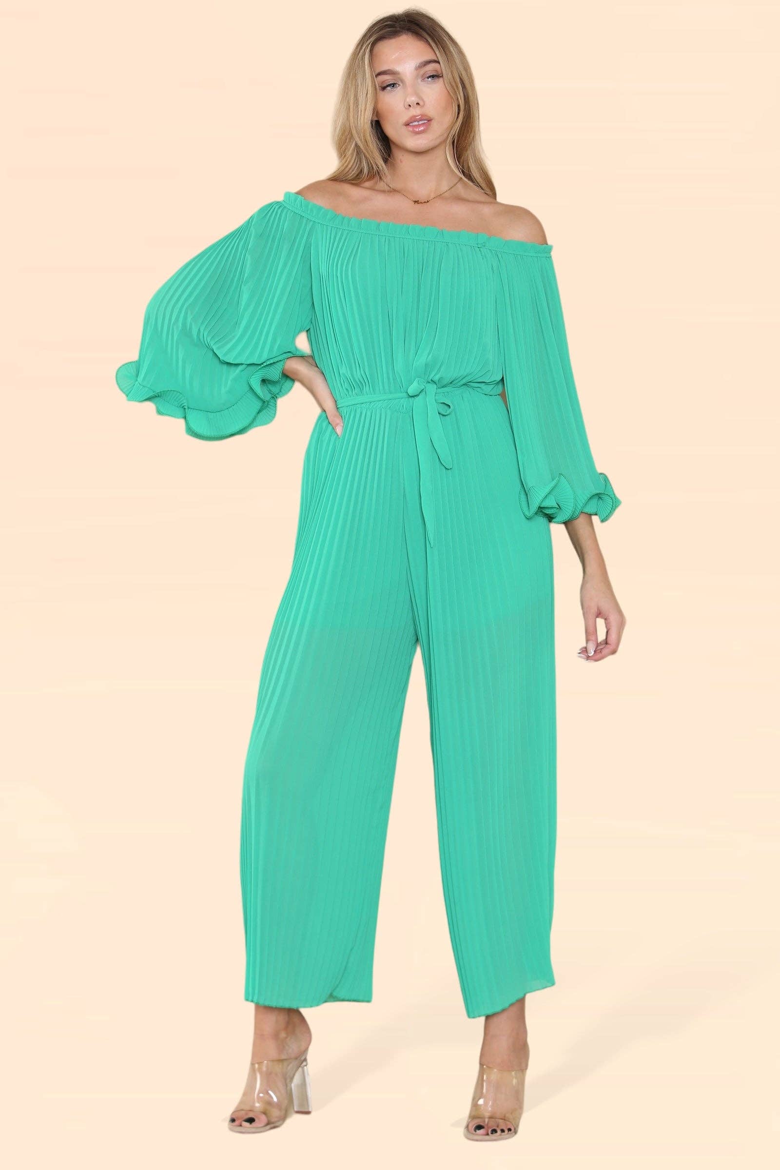WHITE Sofia Bardot Pleated Frill Jumpsuit for wholesale on Faire8