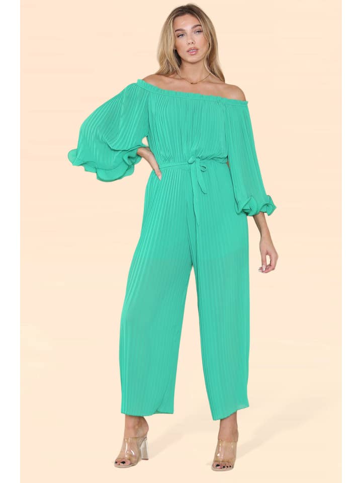 WHITE Sofia Bardot Pleated Frill Jumpsuit for wholesale on Faire8