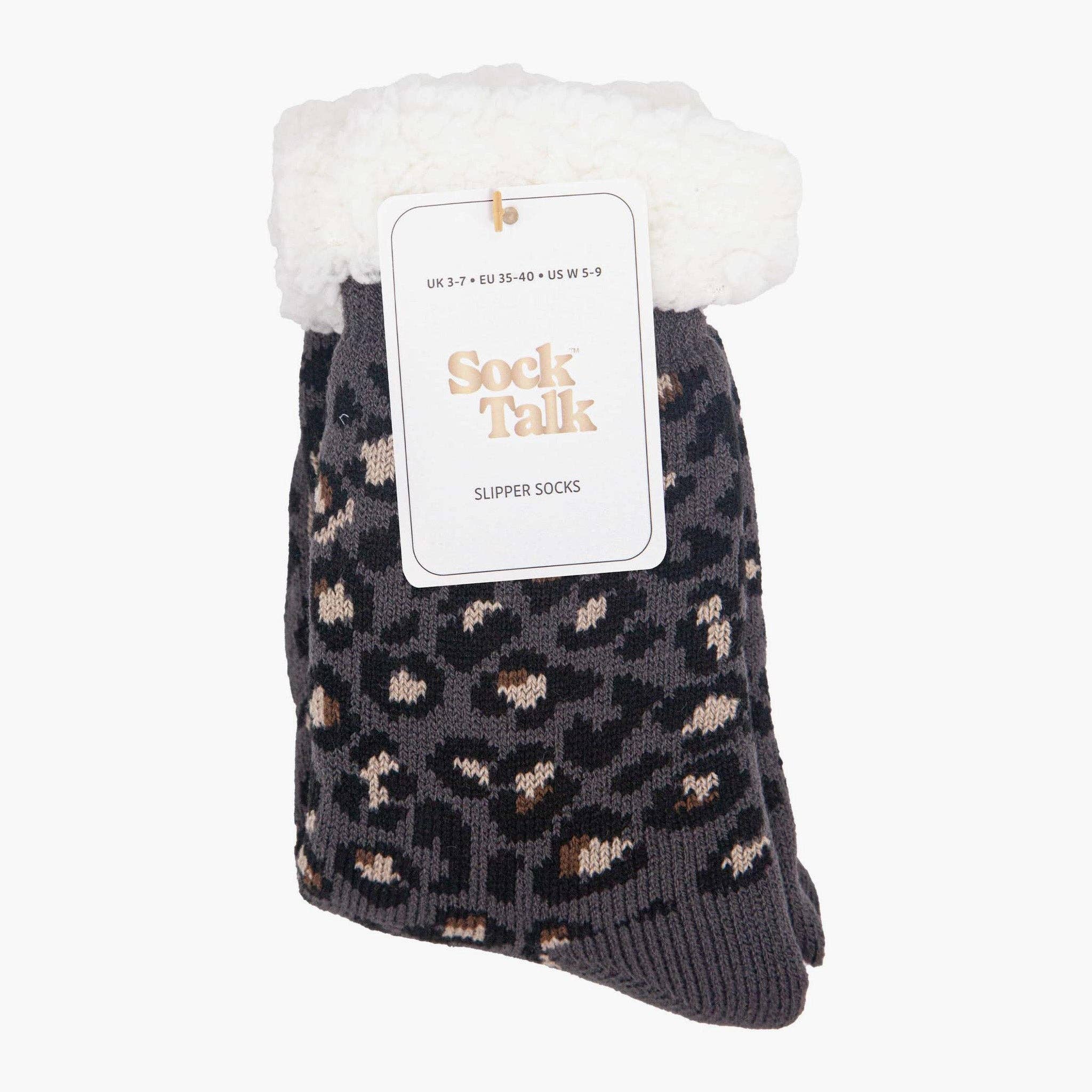 Sock Talk – wholesale Socks – Women's – Women's Long Slipper Socks- Dark Grey, Leopard3