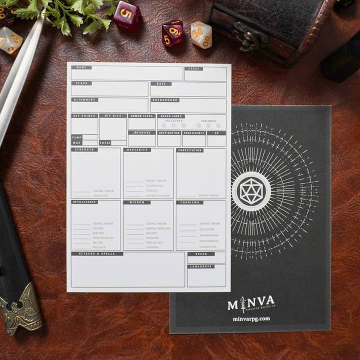 Minva Tabletop Design Co - Wholesale Card Game - Mini 5e DnD Character Sheets