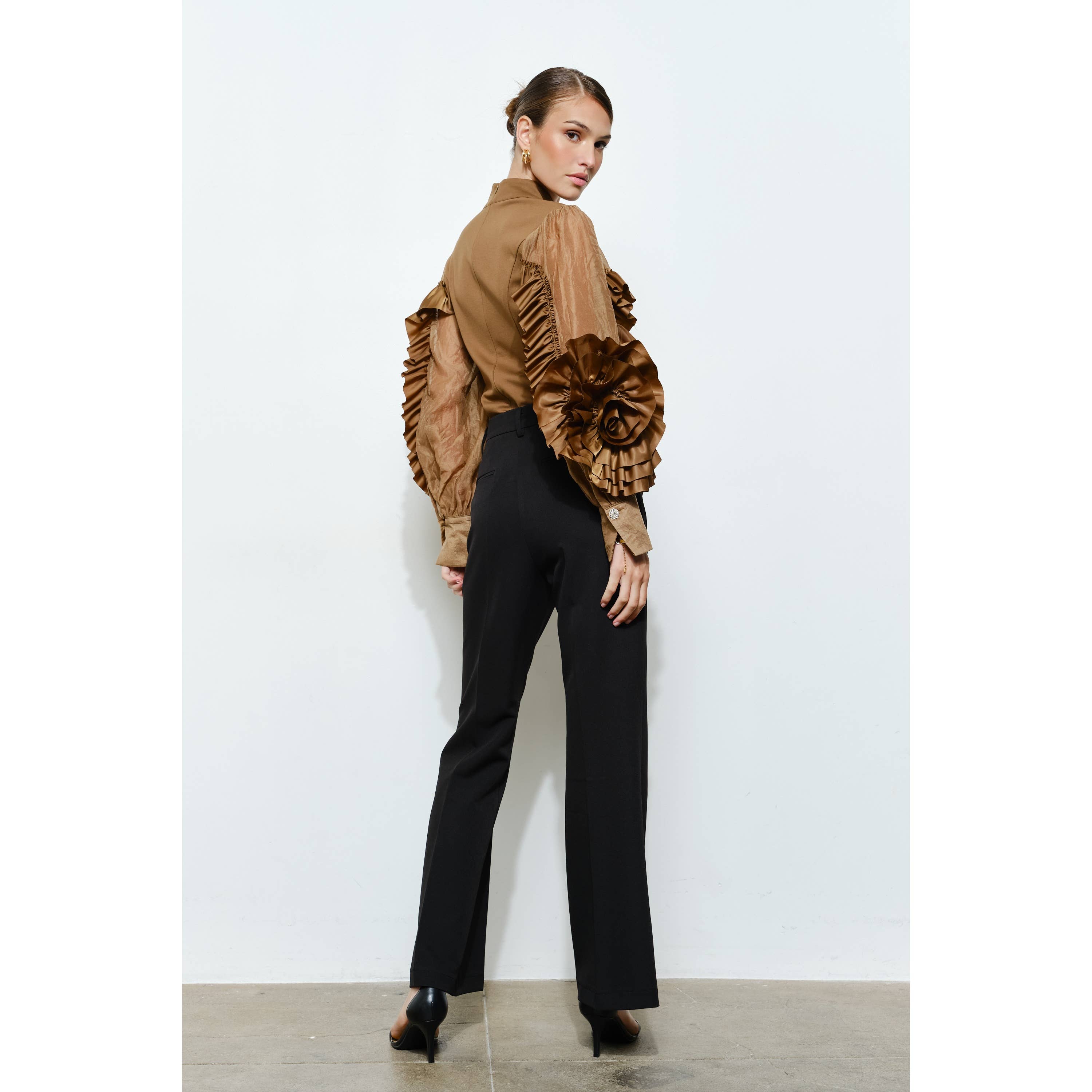 INA - Wholesale Blouse - Women's - Rosette Ruffle Sheer Sleeve Jersey Top22