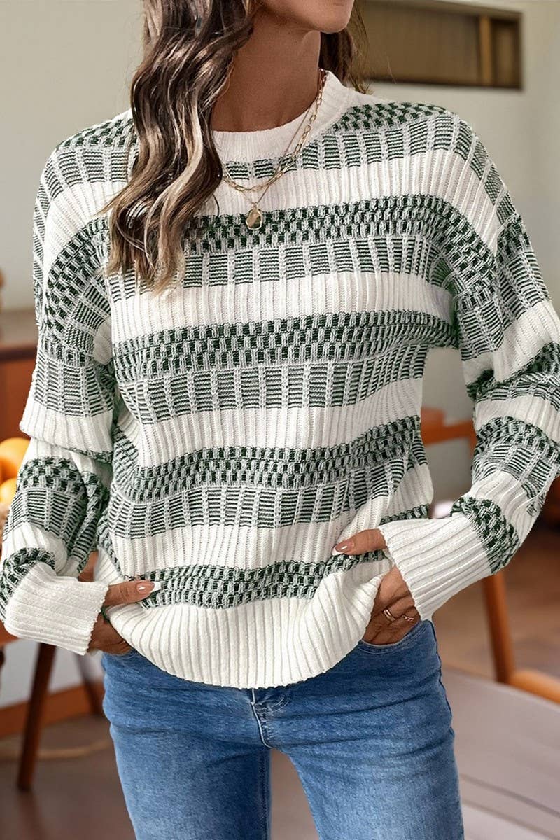 ARMYGREEN CWOSWL07895_STRIPED LONGSLEEVED PULLOVER KNITTED SWEATER TOP for wholesale on Faire