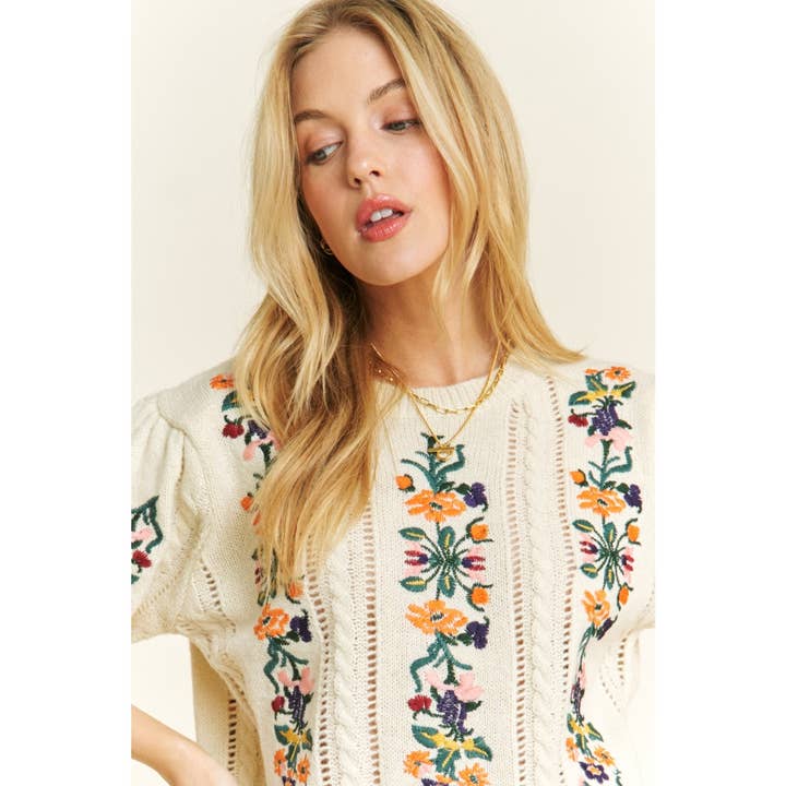 Sweet Generis - Wholesale Knit Sweater - Women's - CUTE FLORAL EMBROIDERY CASUAL PULLOVER SWEATER