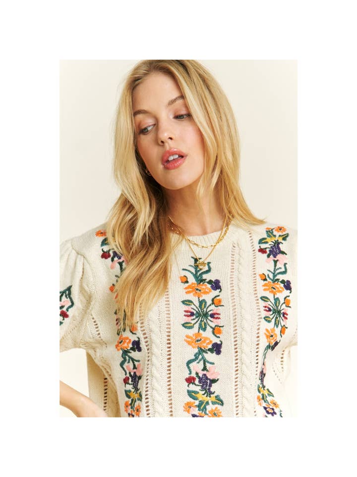 Sweet Generis - Wholesale Knit Sweater - Women's - CUTE FLORAL EMBROIDERY CASUAL PULLOVER SWEATER2