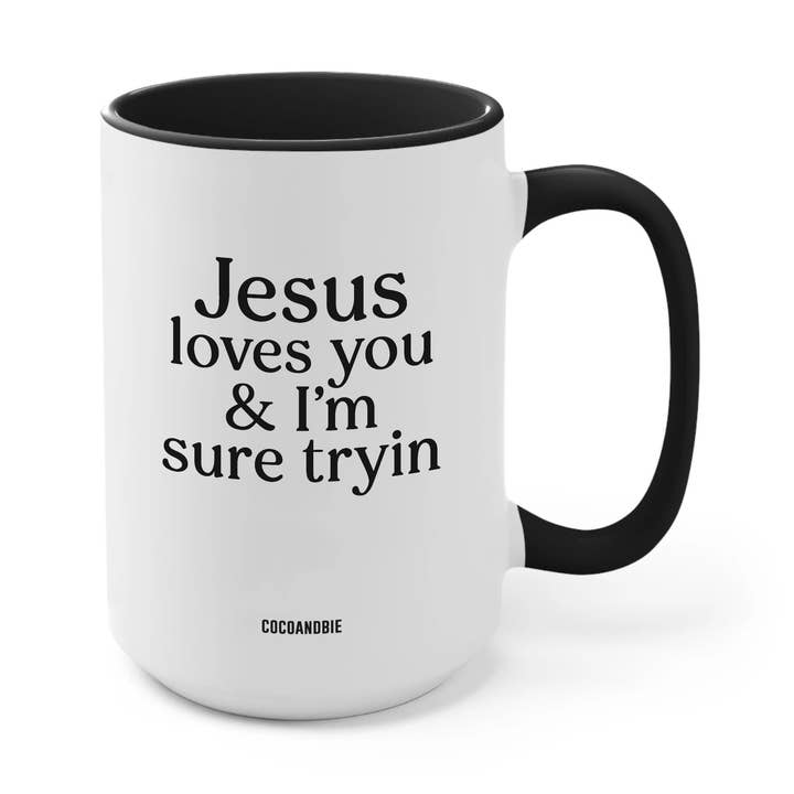 Gesù ti ama e io ci sto provando - Tazza divertente, sarcastica per la vendita all'ingrosso da parte di coco+bie designs