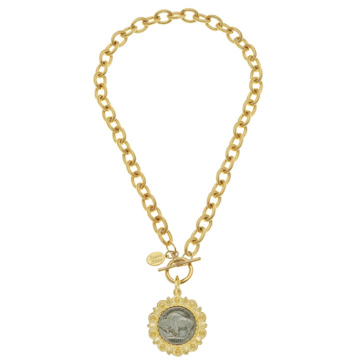 Susan Shaw - Wholesale Pendant/Charm Necklace - Genuine Buffalo Nickel on 24kt Gold Plated Necklace