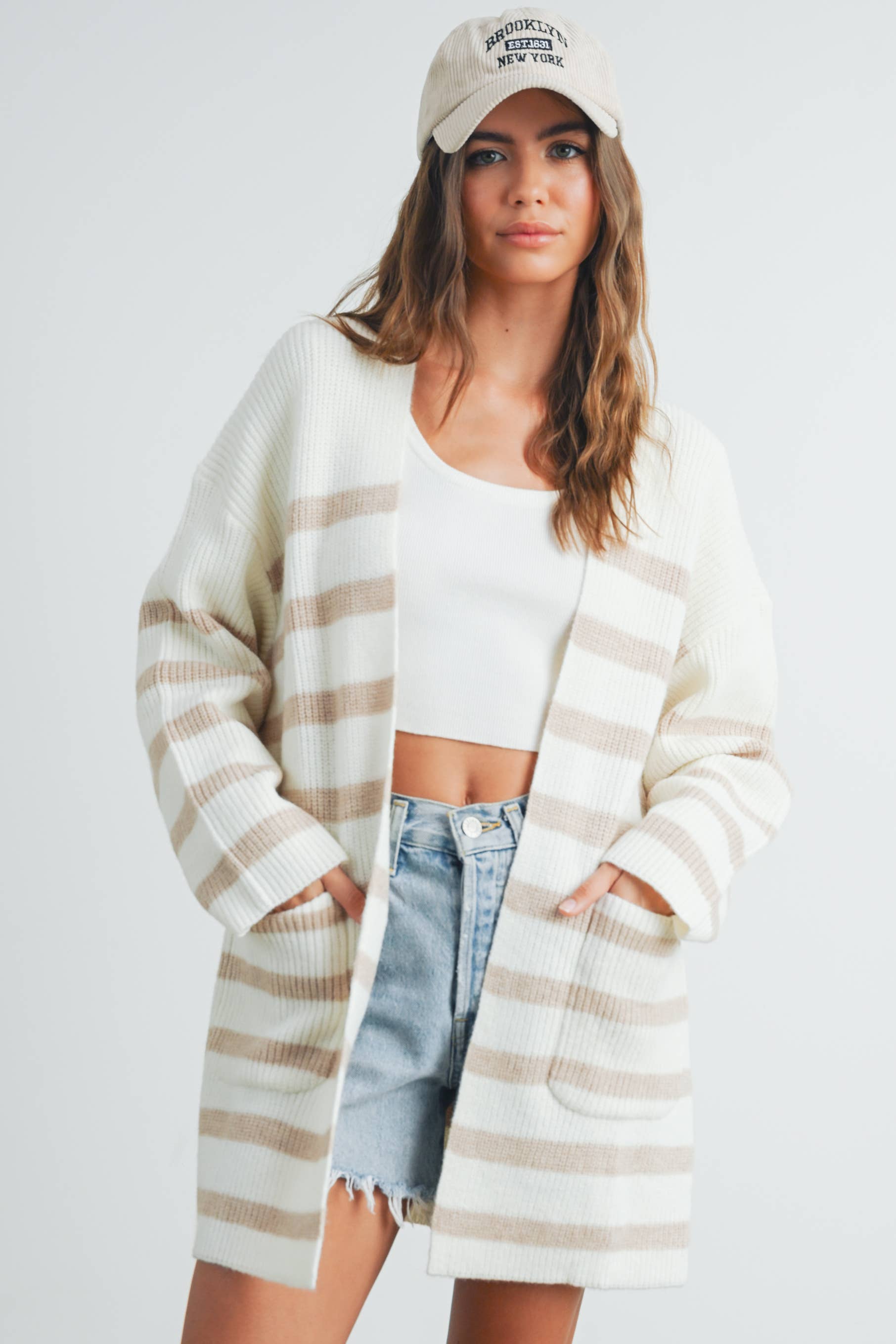 BUTTERMELON - Vente Cardigan – femme - Cardigan long à rayures tricoté - BMC731615