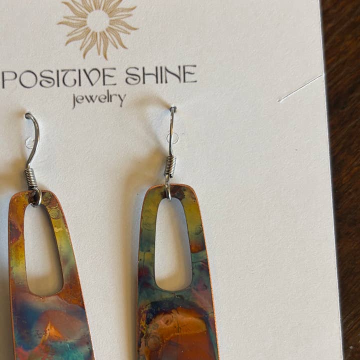 Copper fire painted rectangle earrings with hole for wholesale by Positive Shine Jewelry