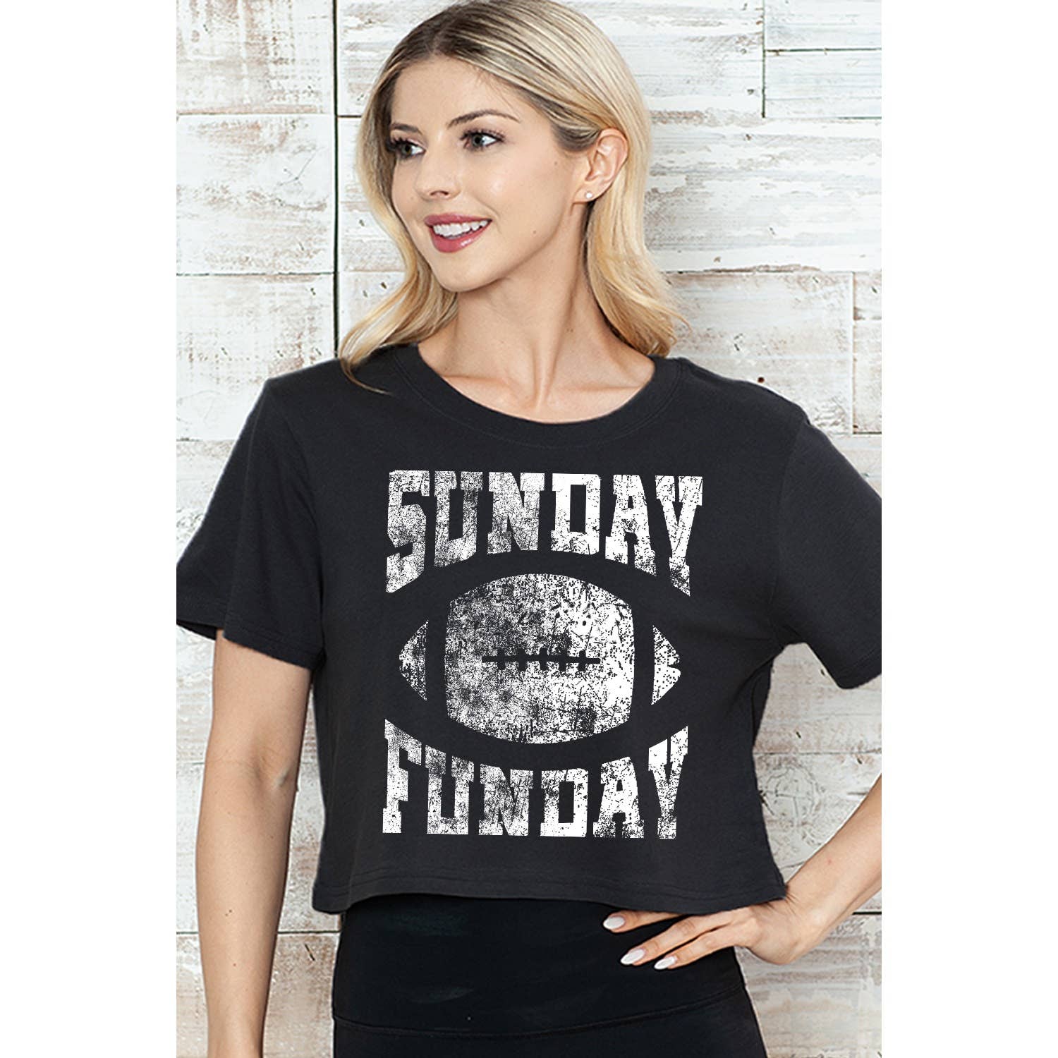 MINEB - Wholesale Screen Printed T-Shirt - Women's - SUNDAY FUNDAY FOOTBALL GRAPHIC CROP TEE0