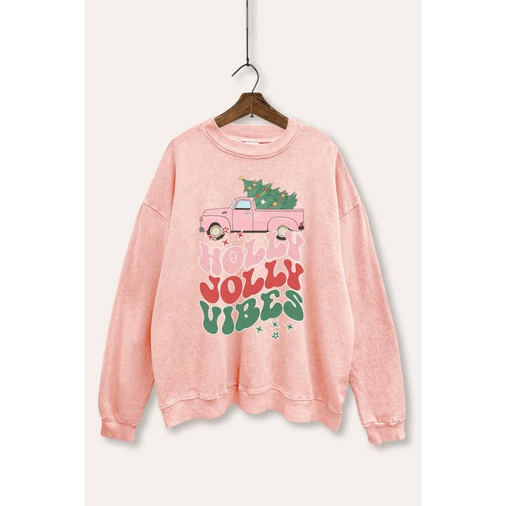 HOLLY JOLLY VIBES GRAPHIC SWEATSHIRT IN WASHED PINK for wholesale by STARCHIS