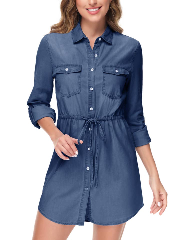 Denim Long-Sleeve Jean Shirt Dress for wholesale by Anna Kaci Wholesale