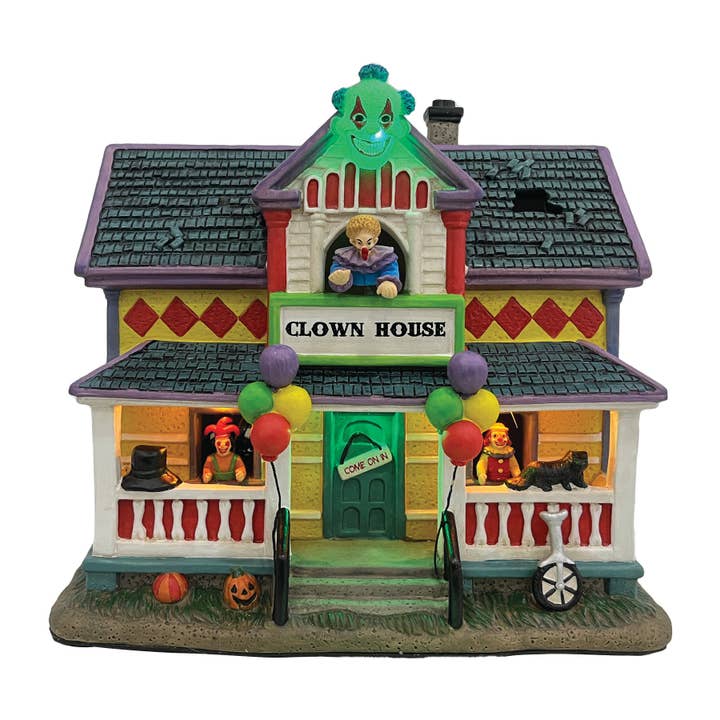 Animated Clown House, Polyresin Halloween LED Figurine for wholesale by Forever Gifts Inc.
