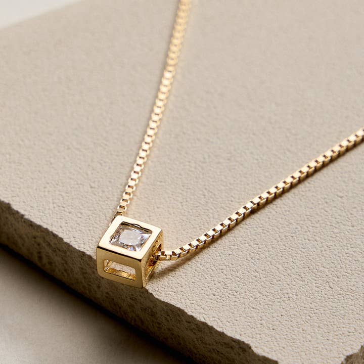 GD Gold Filled Box Chain Necklace with Geometric Cube Pendant for wholesale on Faire2