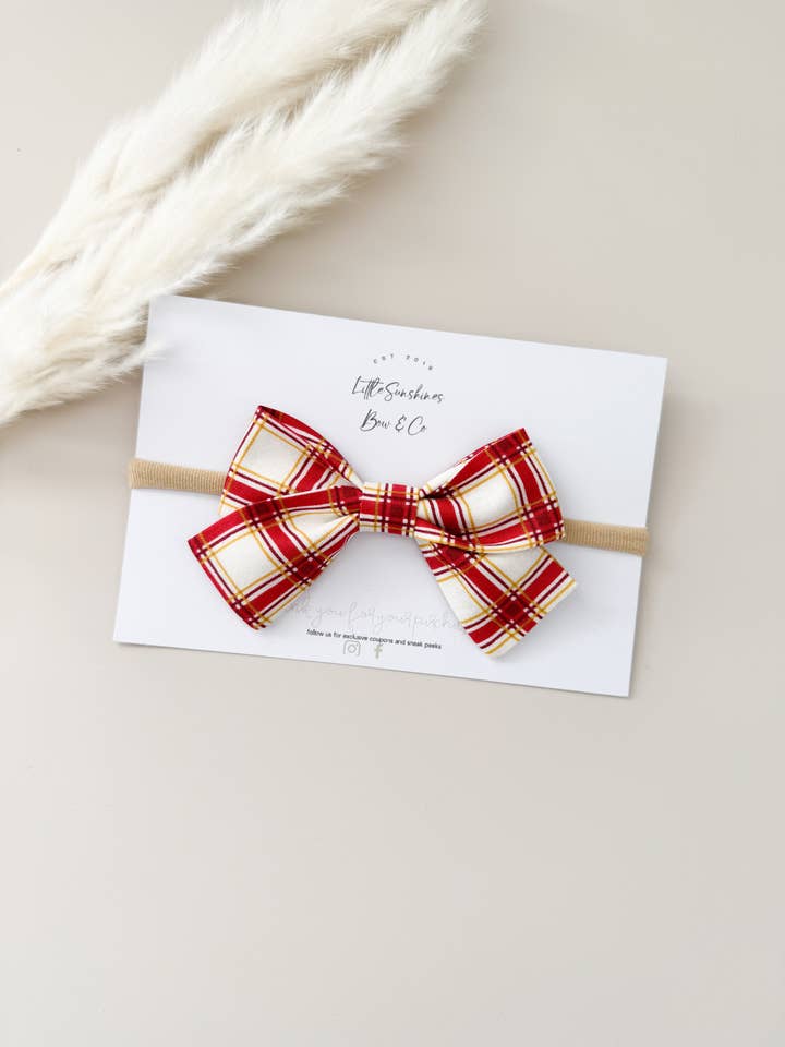 Red & Gold Plaid Christmas Pinwheel Hair Bow for wholesale by Little Sunshines Bow & Co
