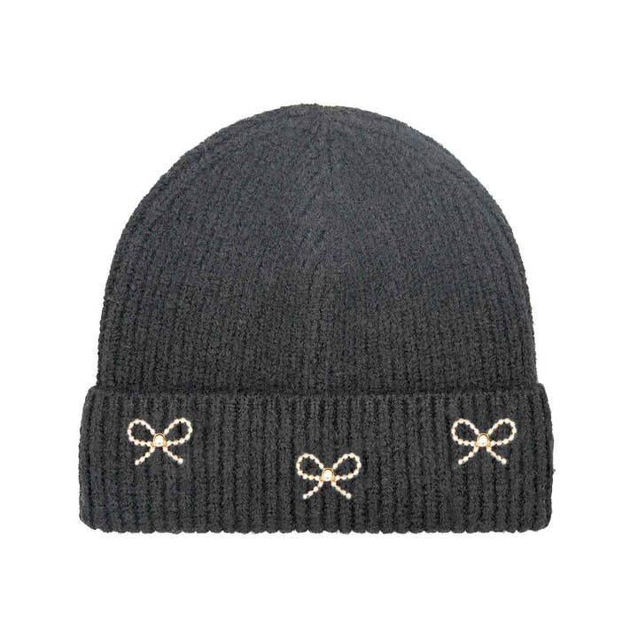 MiMi Wholesale - Wholesale Beanie - Women's - HTE0148 Three Pearl Bow Charm Cuff Beanie2