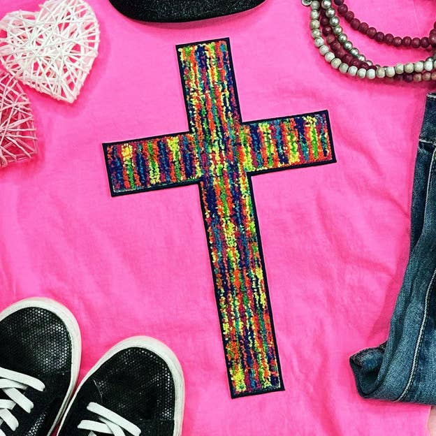Tie Dye Cross Chenille Patch for wholesale by Trendy Transfers