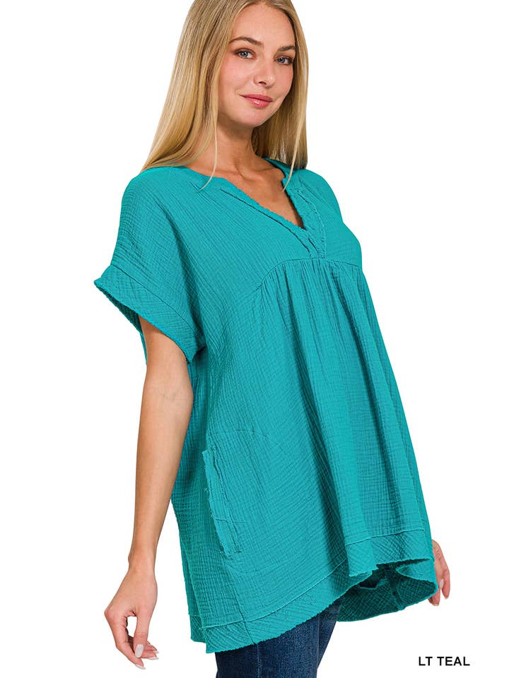 42POPS – wholesale Tunika - Dam – "Rå kant kortärmad V-ringad tröja16